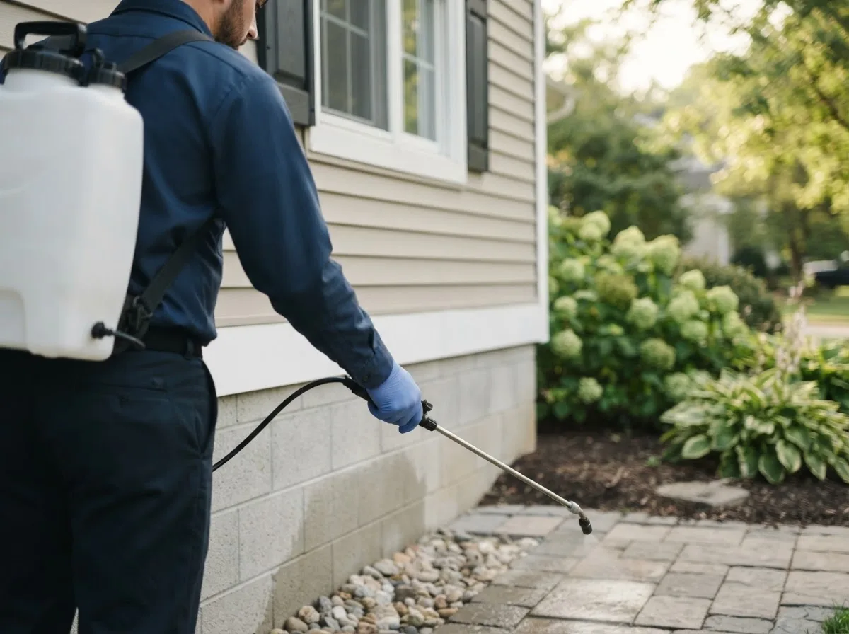 Pest control technician inspecting a home in Hart, TX